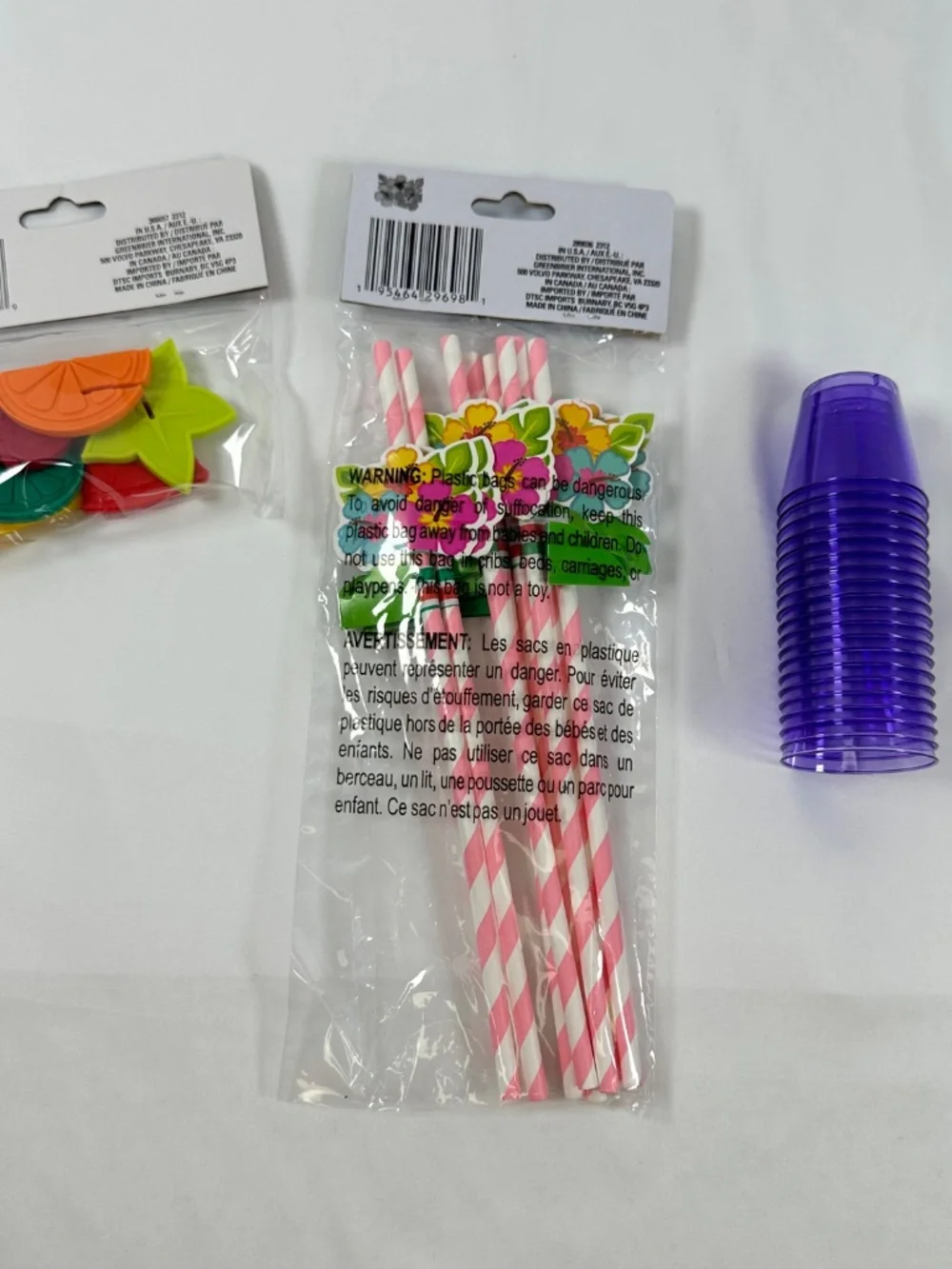 Party, Paper Tropical Straws, Fruit Markers, Purple Plastic Shot Glasses (20)